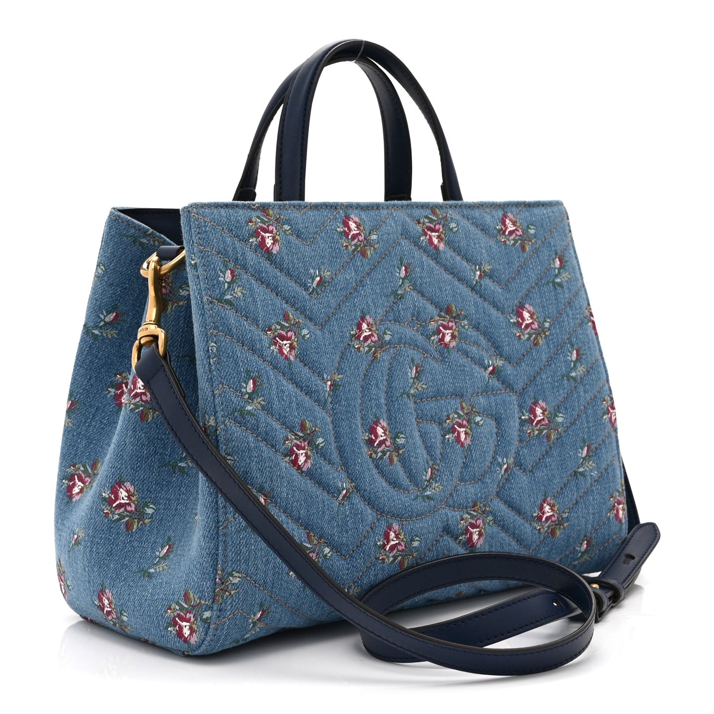 Denim Matelasse Flora Small GG Marmont Tote Blue