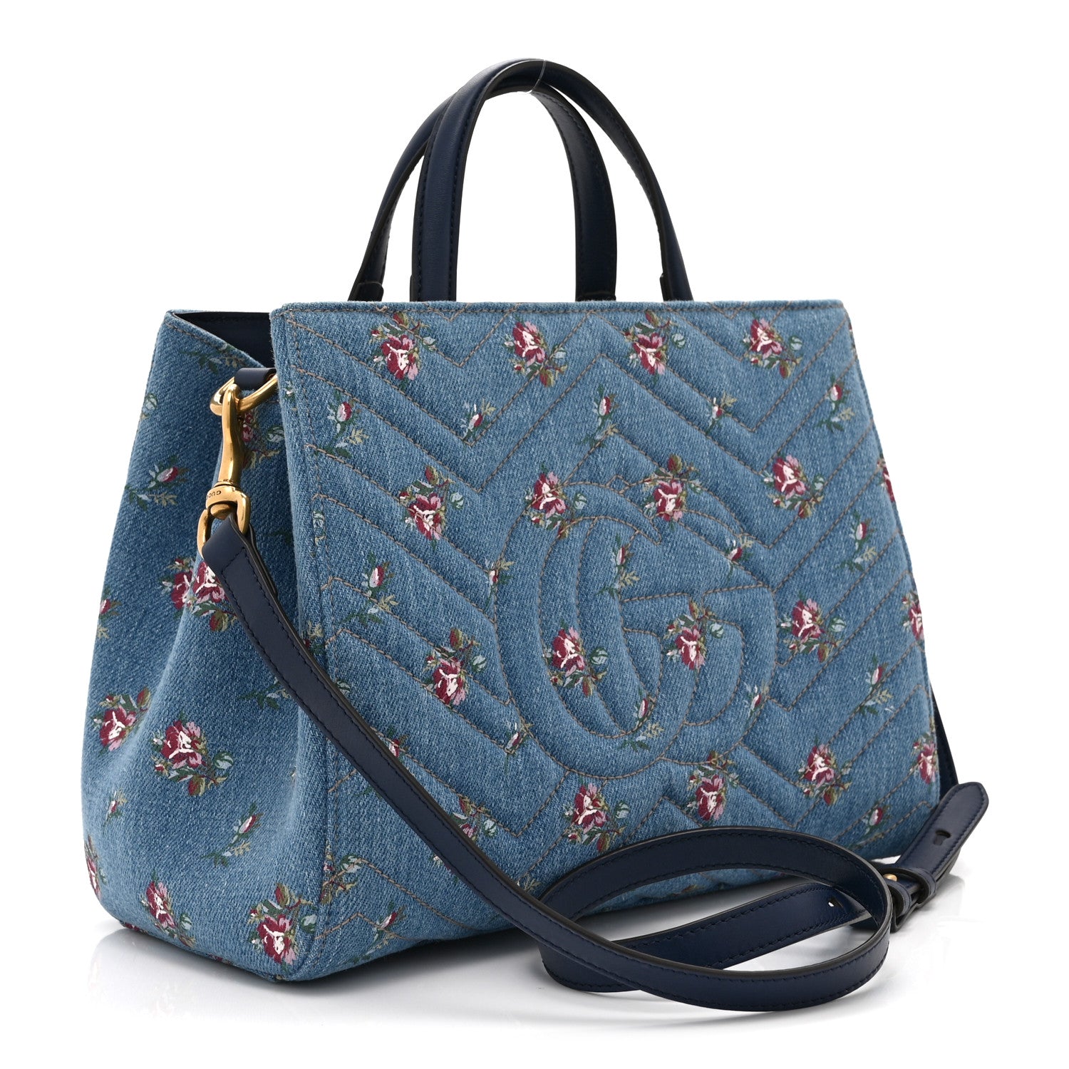 Gucci Denim Matelasse Flora Small GG Marmont Tote Blue 3 of 11