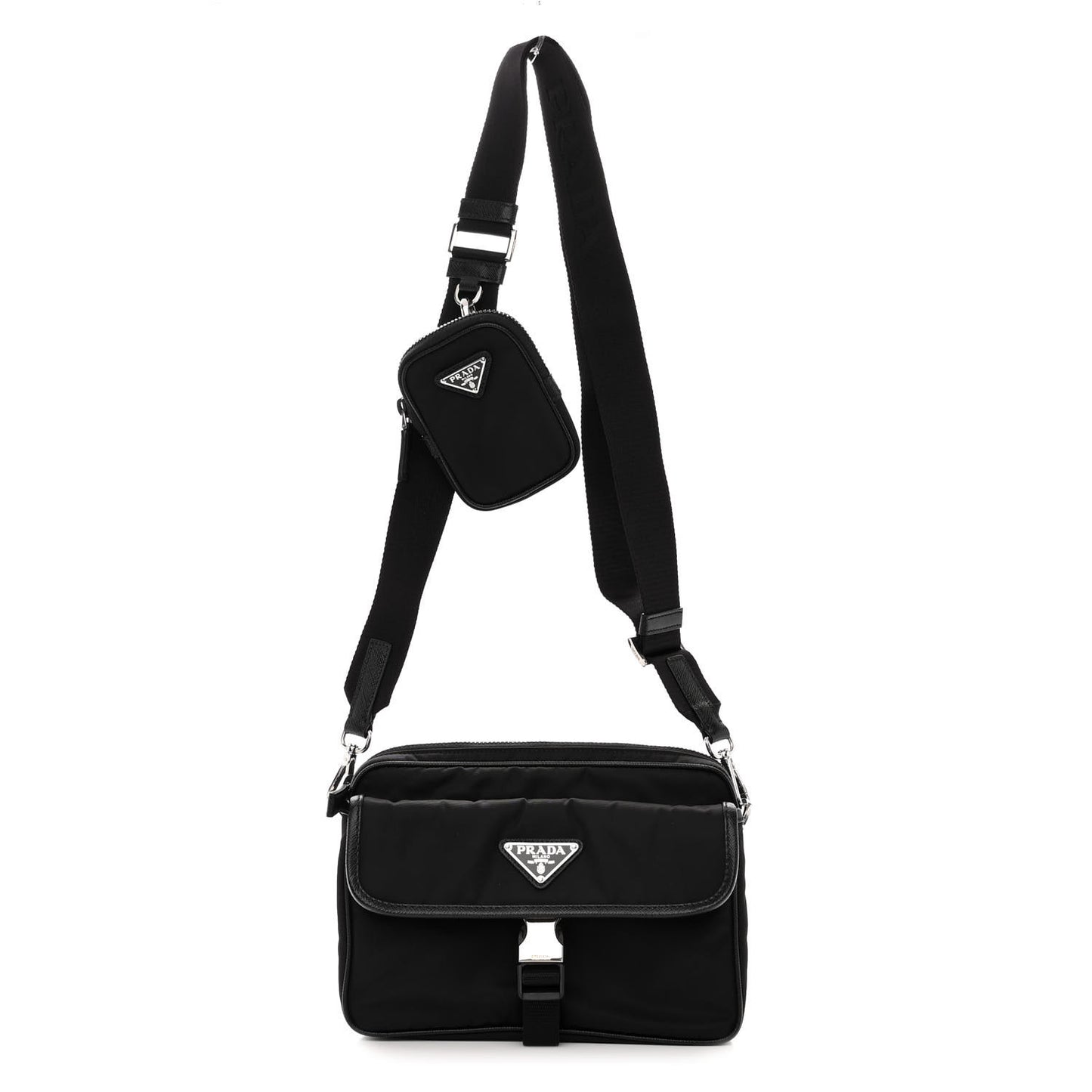 Re-Nylon Saffiano Pocket Single Snap Buckle Shoulder Bag Black