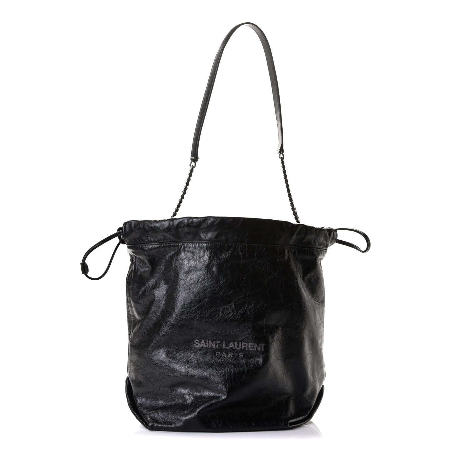 Saint Laurent Cracked Shiny Calfskin Teddy Drawstring Bag Black 1 of 5