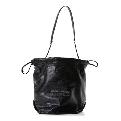 Saint Laurent Cracked Shiny Calfskin Teddy Drawstring Bag Black 1 of 5