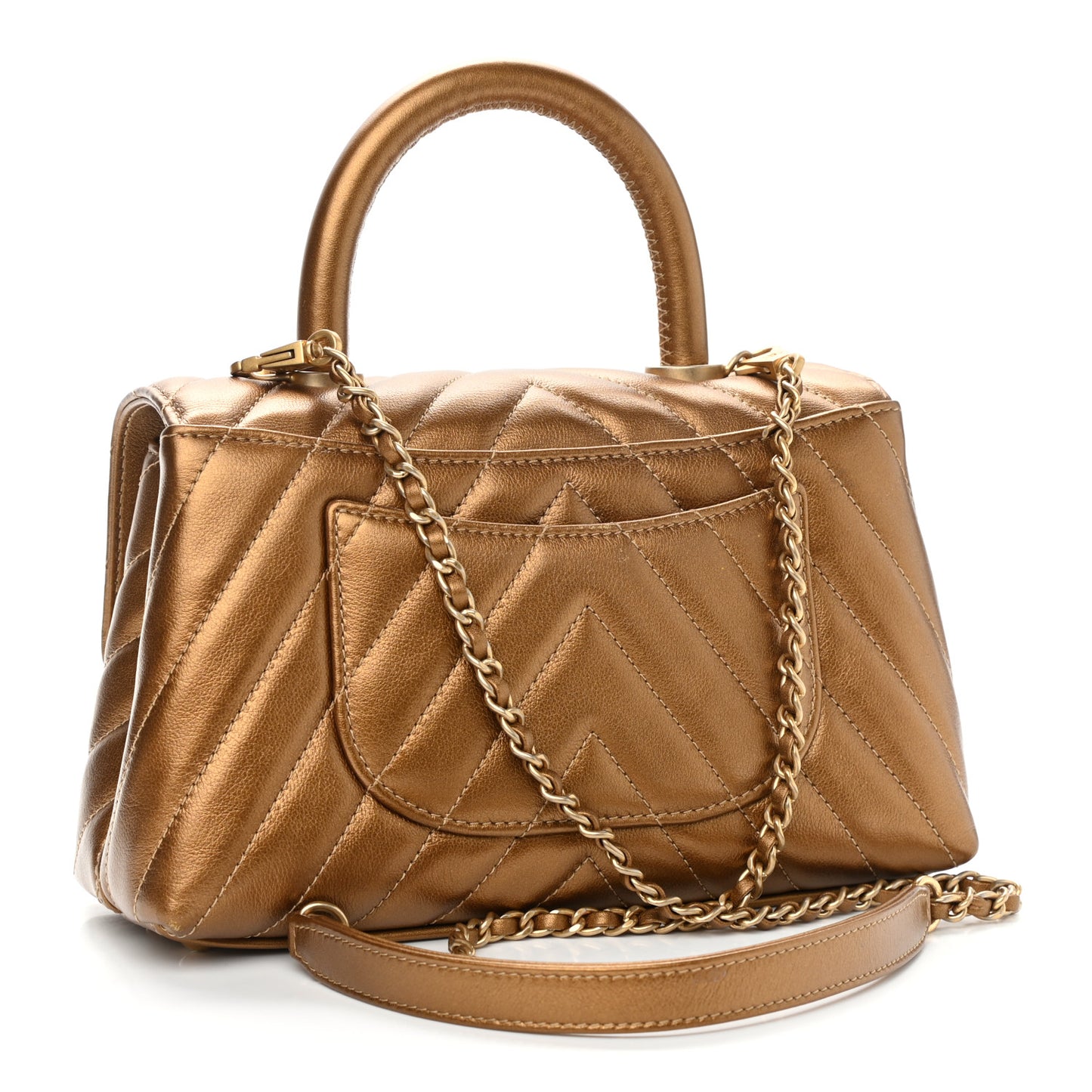 Metallic Calfskin Chevron Quilted Mini Coco Handle Flap Gold