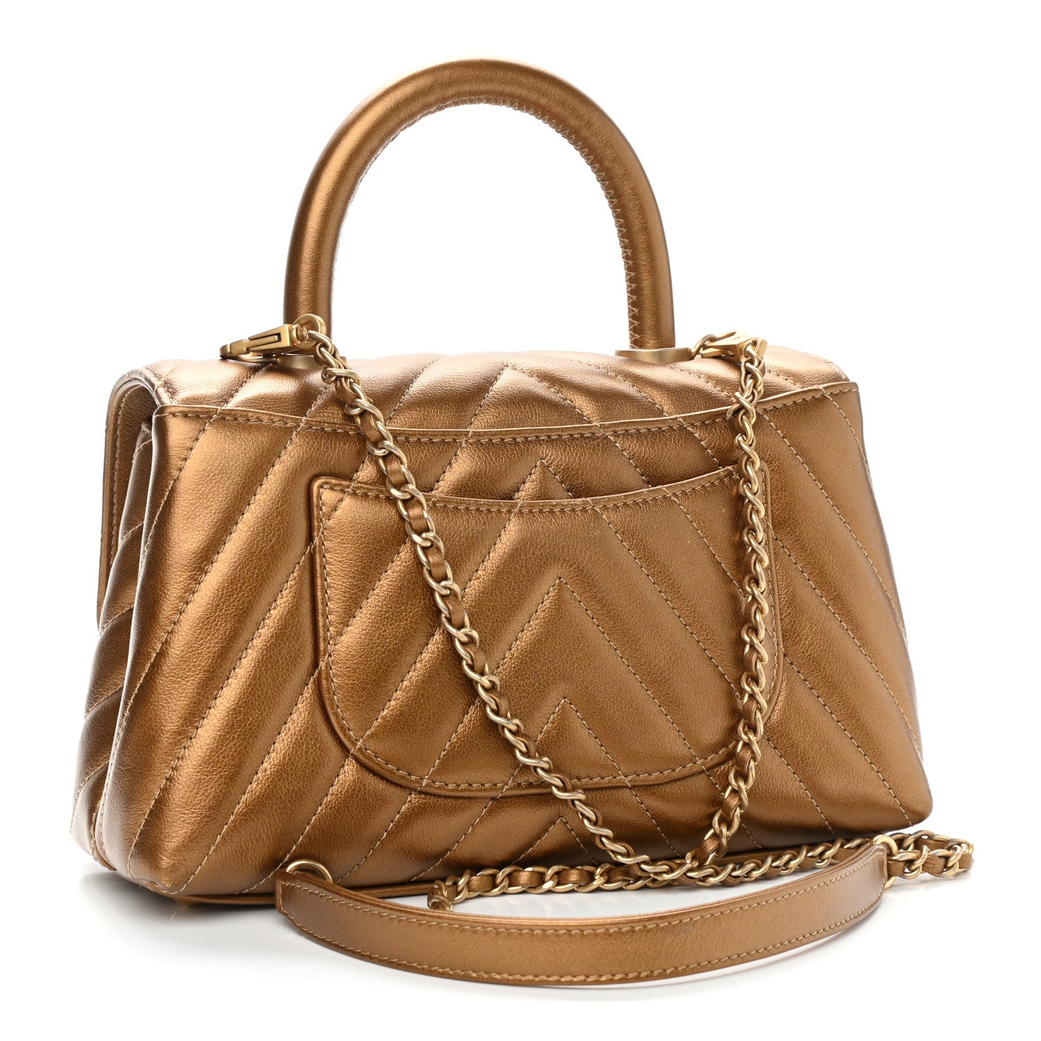 Chanel Metallic Calfskin Chevron Quilted Mini Coco Handle Flap Gold 3 of 13
