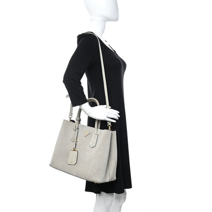 Prada Scamosciato Suede Medium Double Bag Tote Acciaio 2 of 13