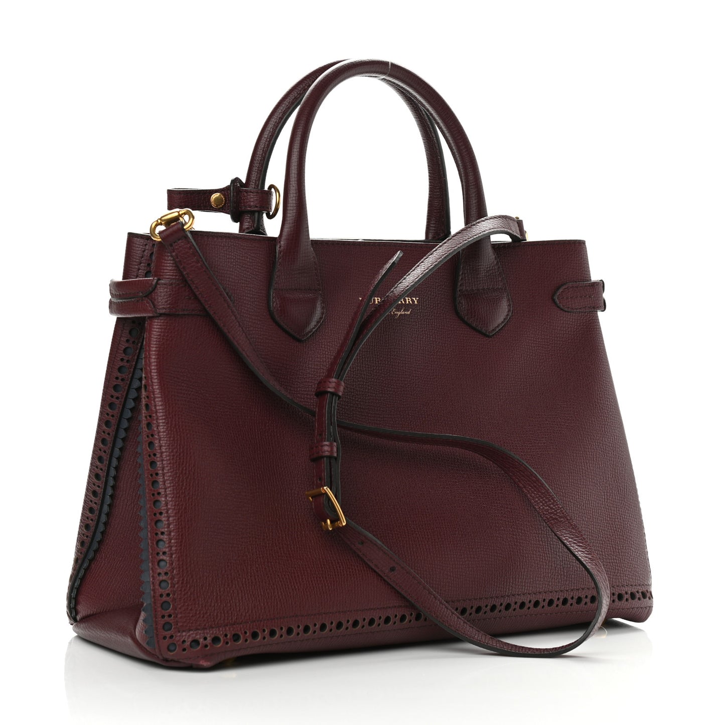 Grainy Calfskin Perforated Medium Broguing Tassel Banner Tote Mahogany Red