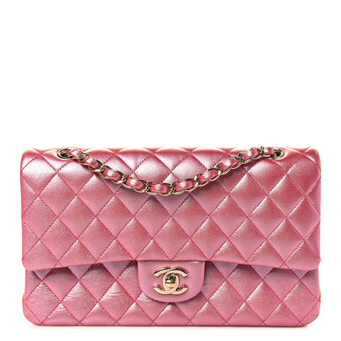 Iridescent Caviar Quilted Medium Double Flap Dark Pink