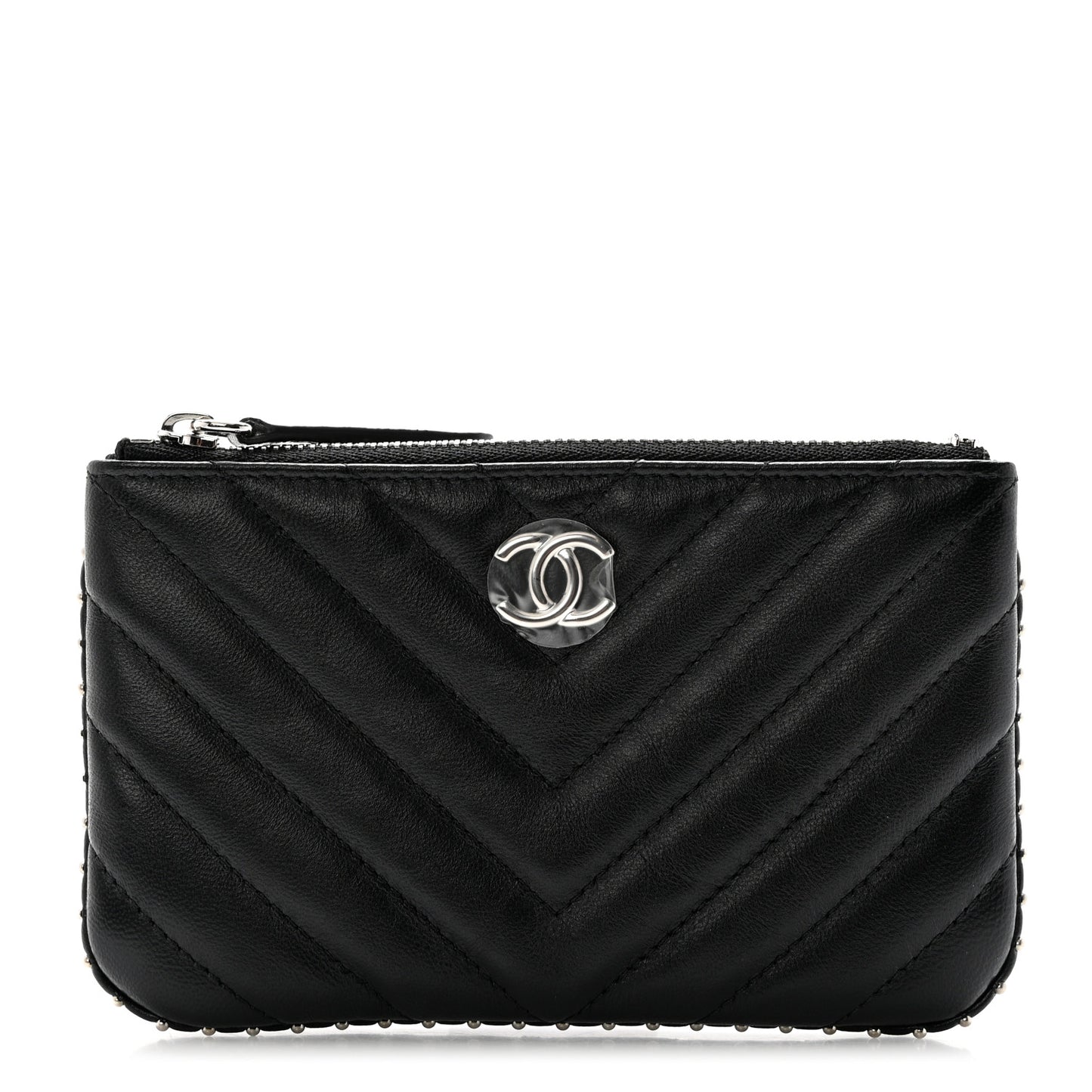 Lambskin Chevron Quilted Studded Small Cosmetic Case Black