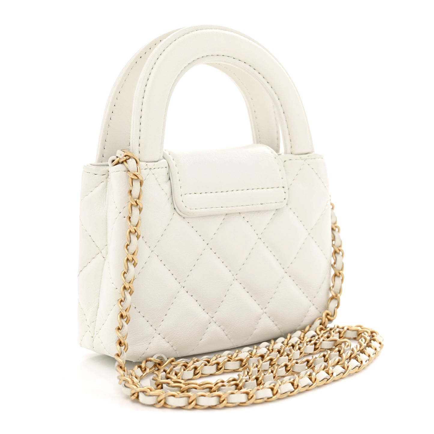 Shiny Aged Calfskin Quilted Mini Nano Kelly Shopper White
