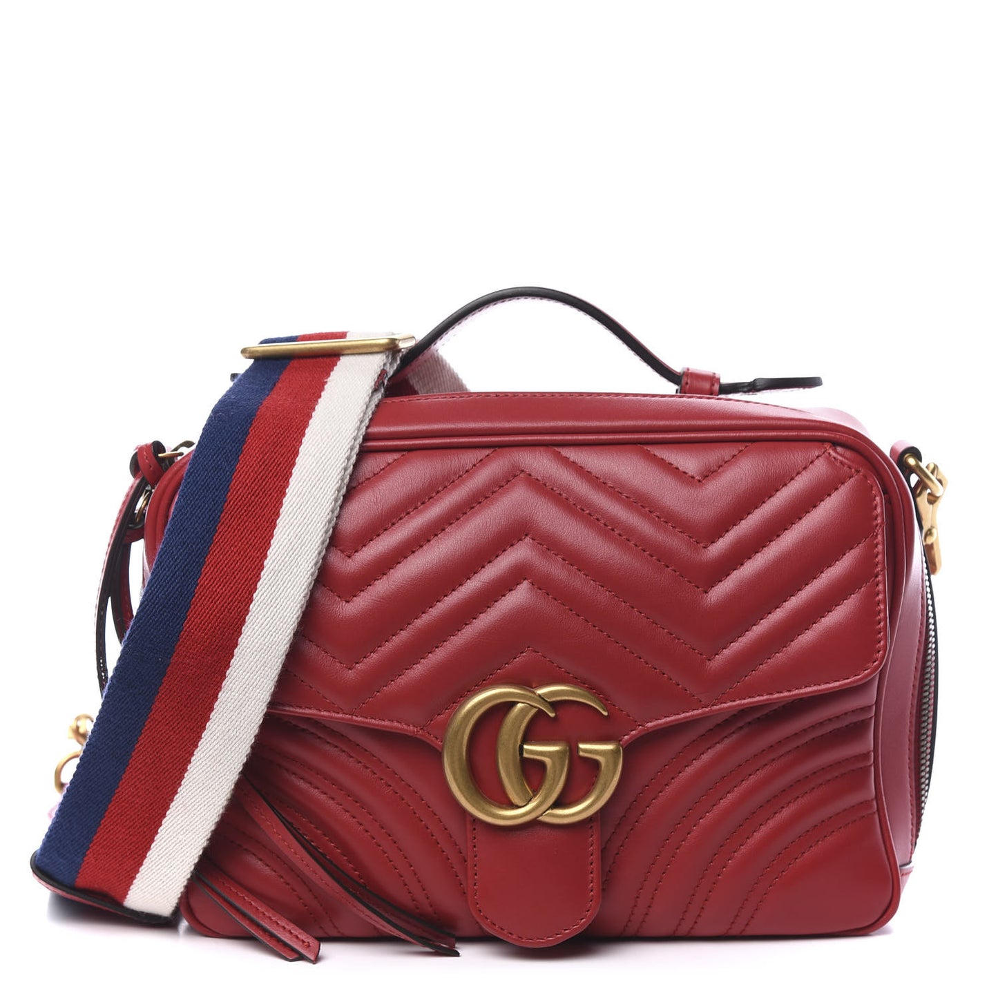 Calfskin Matelasse Sylvie Web Small GG Marmont Top Handle Shoulder Bag Hibiscus Red