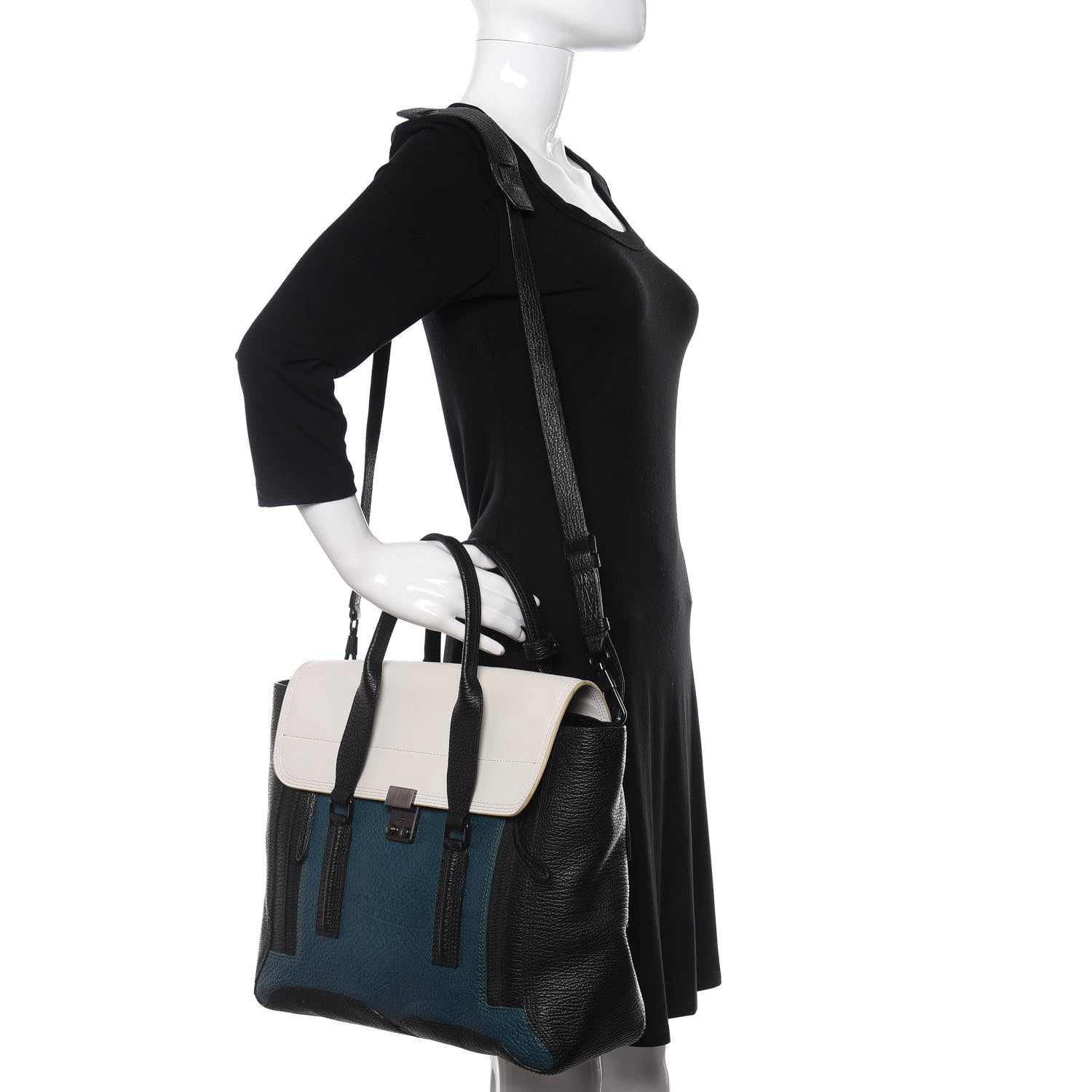 3.1 Phillip Lim 3.1 Textured Calfskin Colorblock Large Pashli Satchel Dark Teal 2 of 9