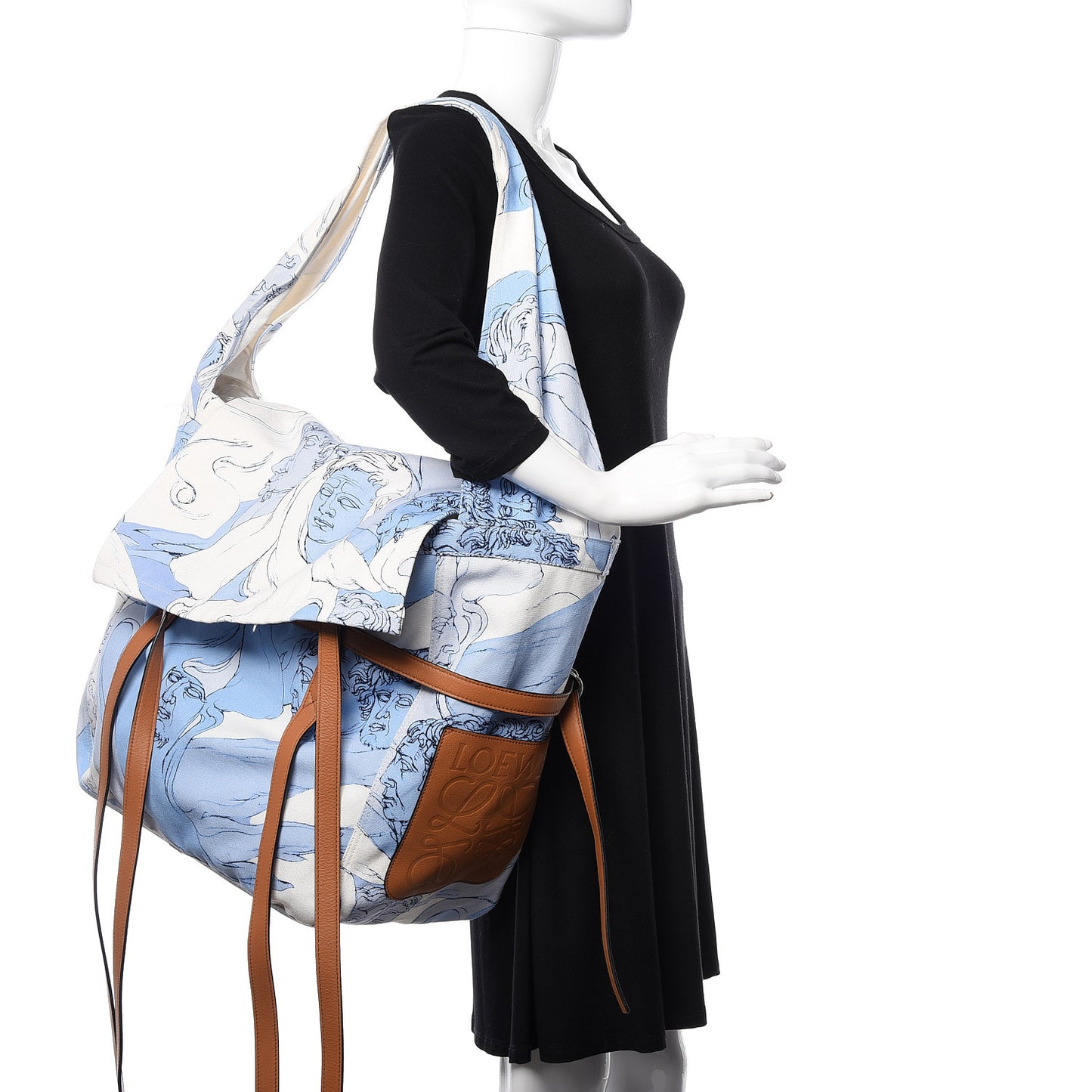 Canvas Print Faces Trimmed Shoulder Bag Light Blue White