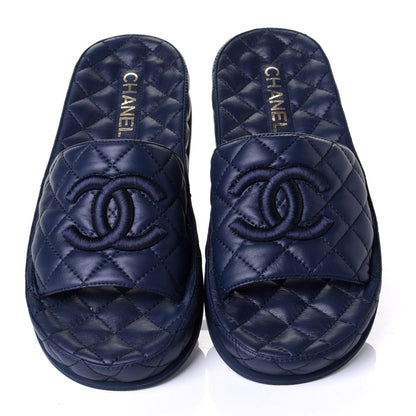 Chanel Lambskin Quilted CC Mules Sandals 39 Navy Blue 5 of 11