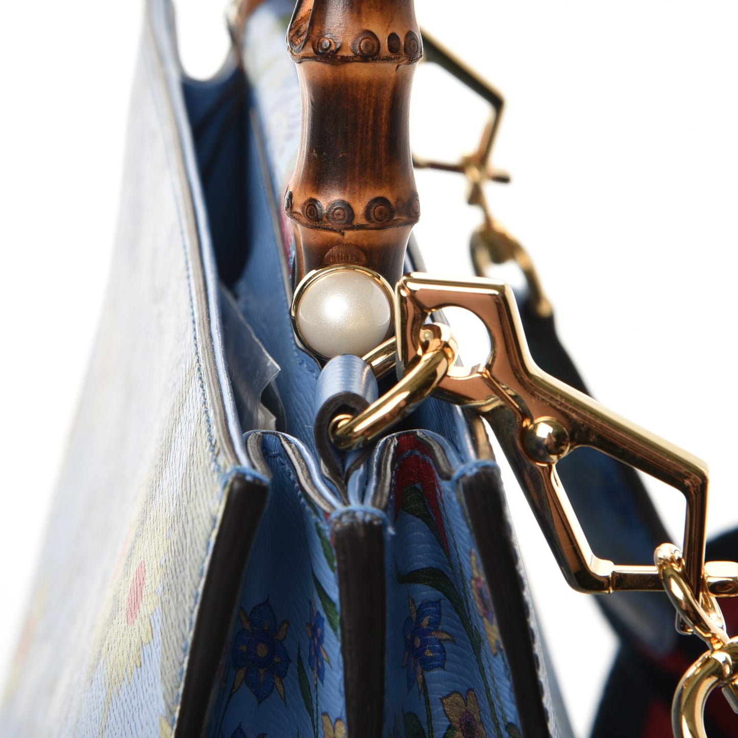 Calfskin Bamboo Web New Flora Small Nymphaea Top Handle Bag Azure