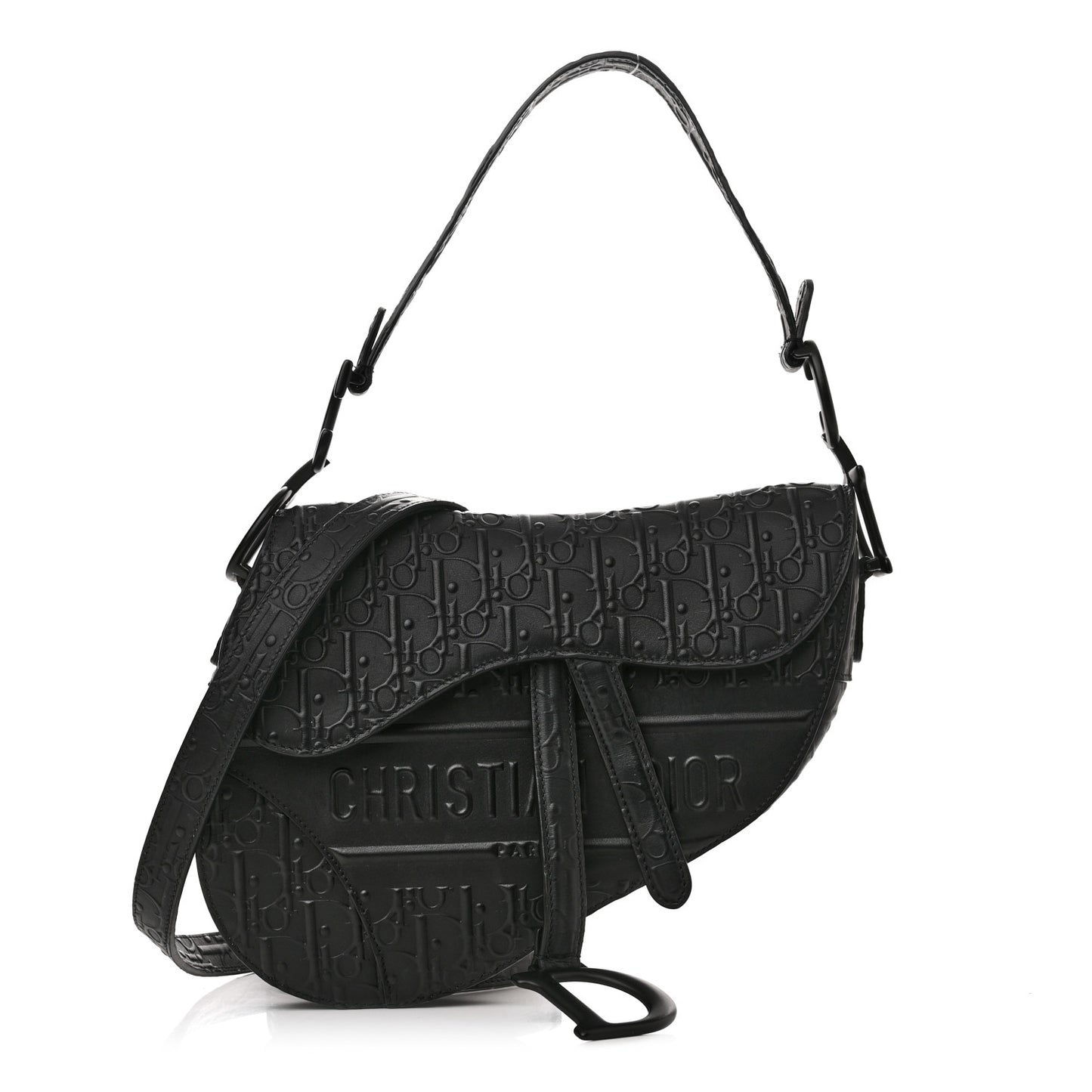 Calfskin Embossed Oblique Saddle Bag With Strap Black