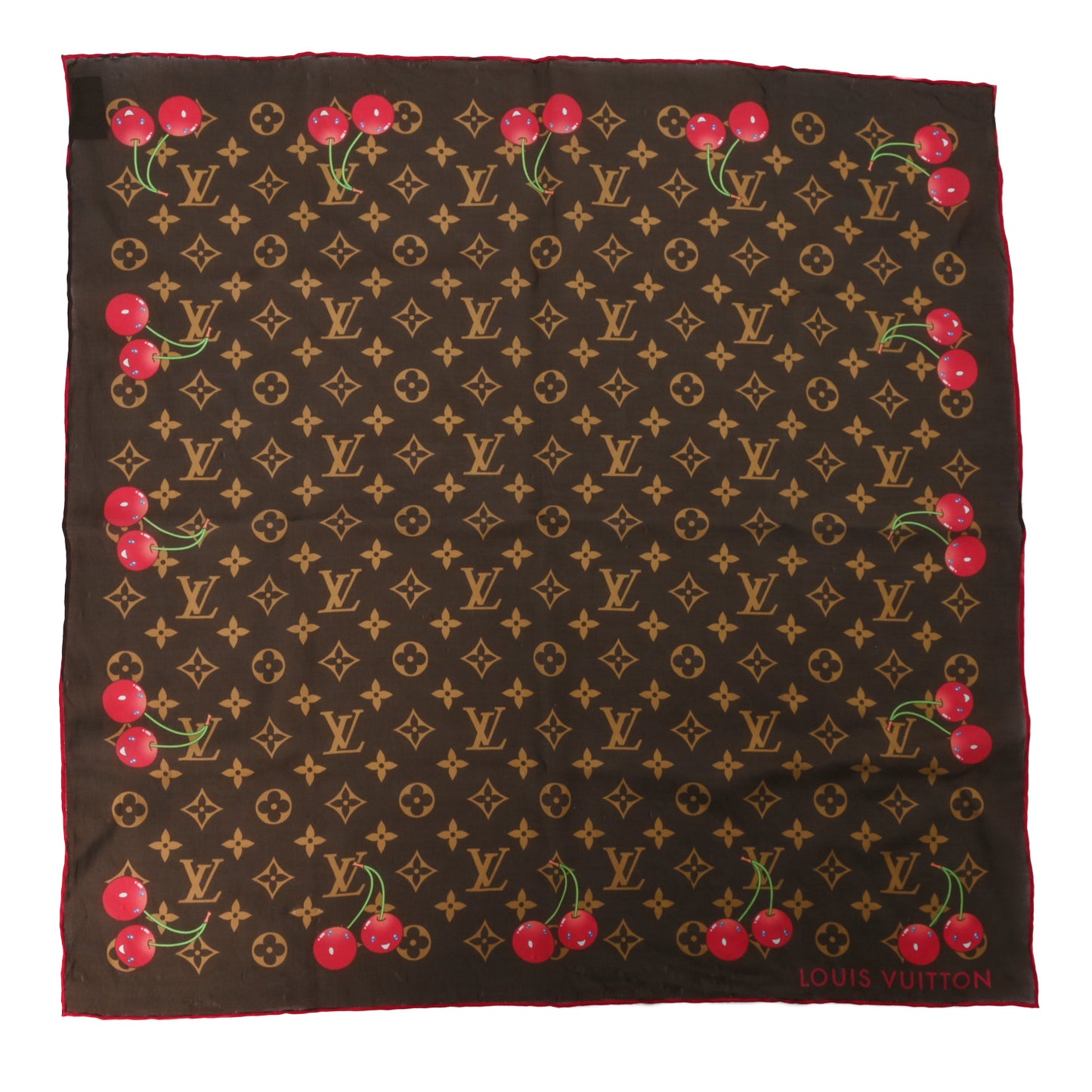 LV X TM Silk Cotton Monogram Cerises Square Scarf 55 Brown