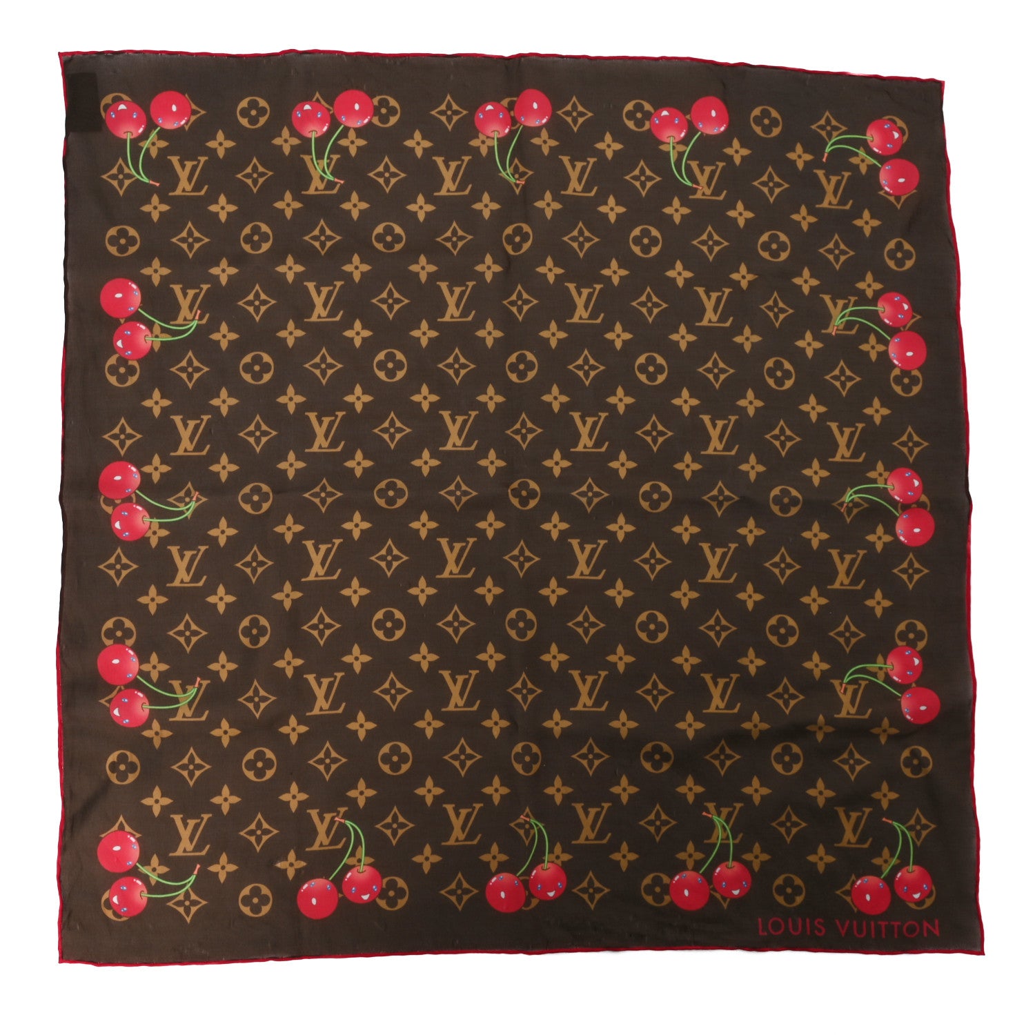 Louis Vuitton LV X TM Silk Cotton Monogram Cerises Square Scarf 55 Brown 1 of 3