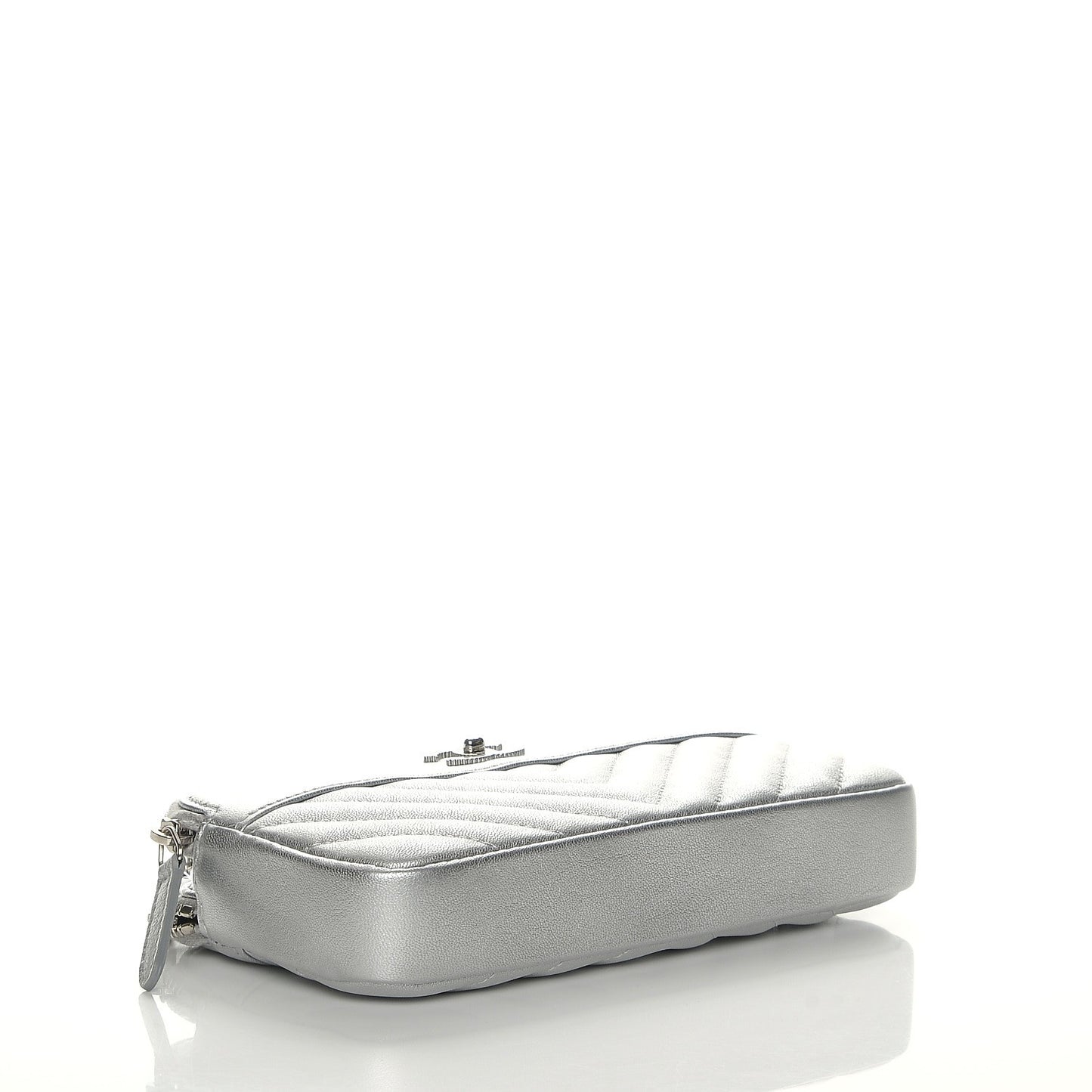 Metallic Sheepskin Chevron Quilted Small Clutch With Chain Silver