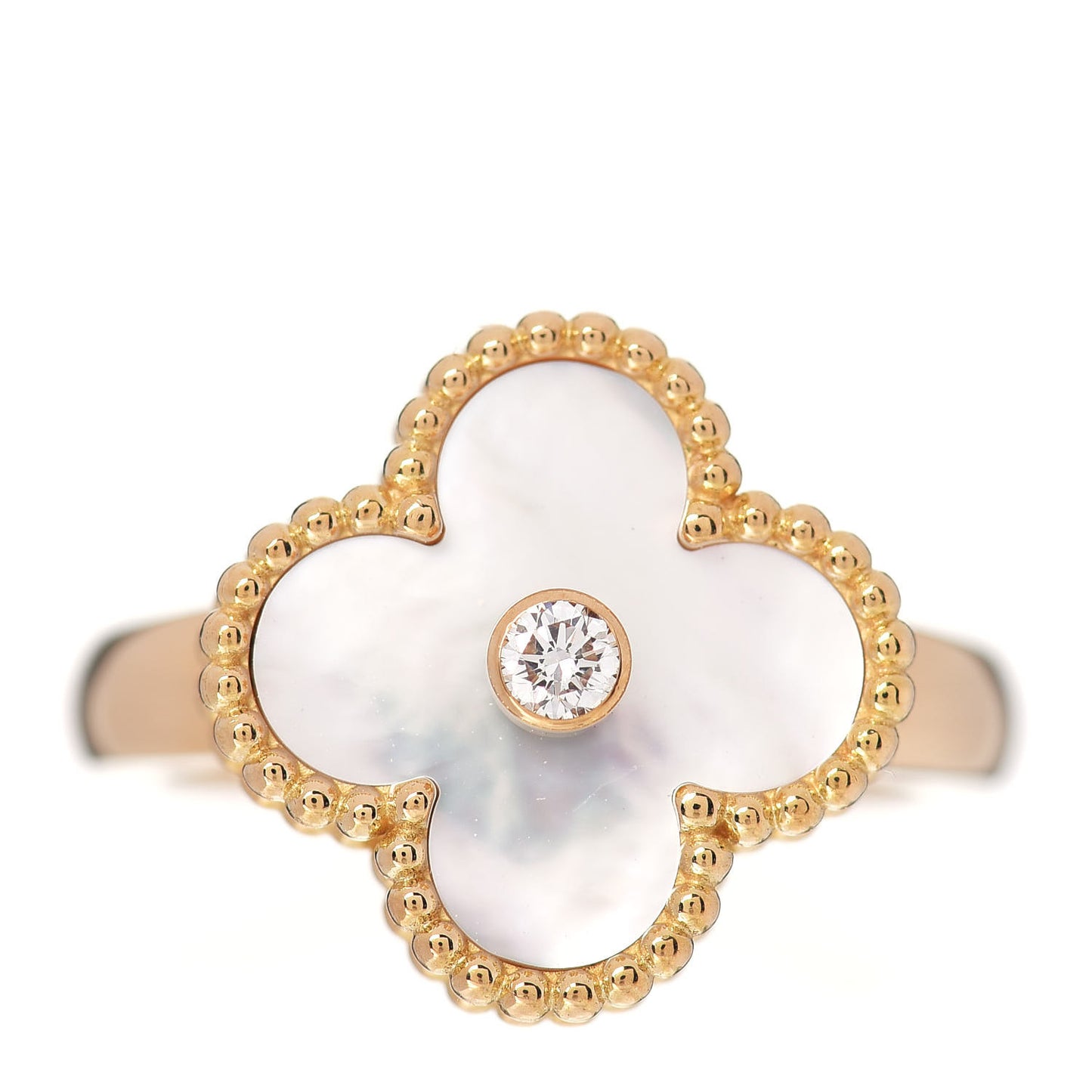 18K Yellow Gold Diamond Mother of Pearl Vintage Alhambra Ring 52 6