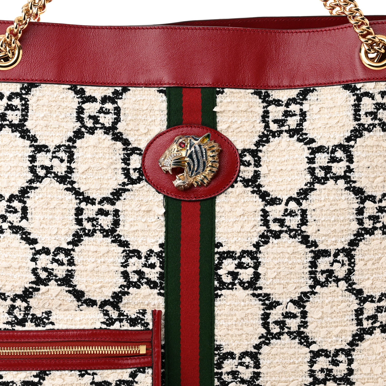 Gucci Tweed GG Monogram Large Rajah Chain Tote White Black Romantic Cherry 9 of 11