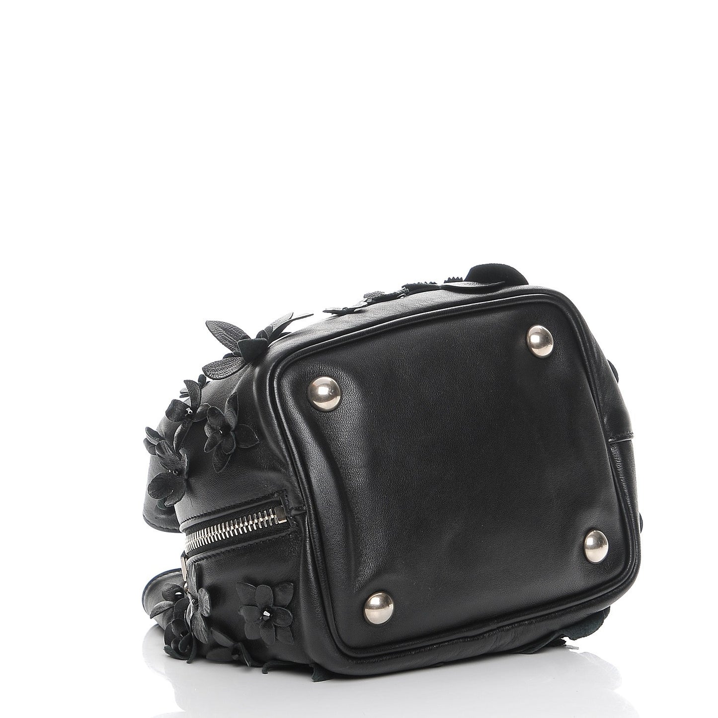 Lambskin Floral Applique Baby Emmanuelle Bucket Bag Black