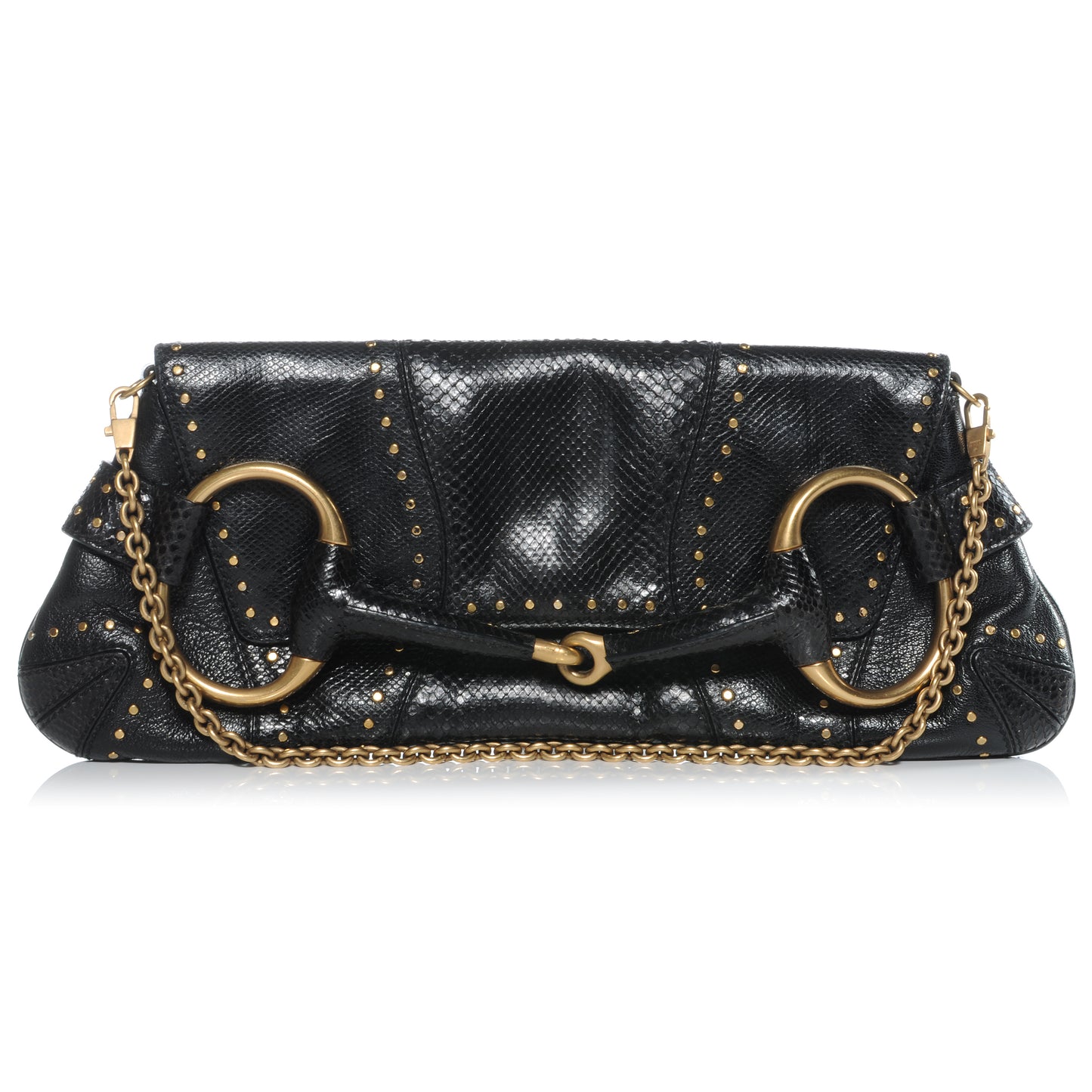 Python Studded Large Horsebit Chain Clutch Black