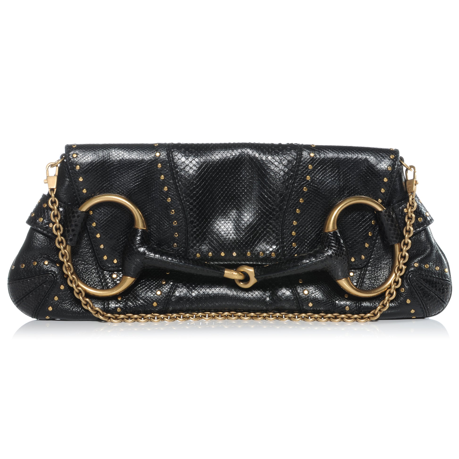 Gucci Python Studded Large Horsebit Chain Clutch Black 1 of 7