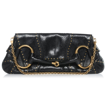 Gucci Python Studded Large Horsebit Chain Clutch Black 1 of 7