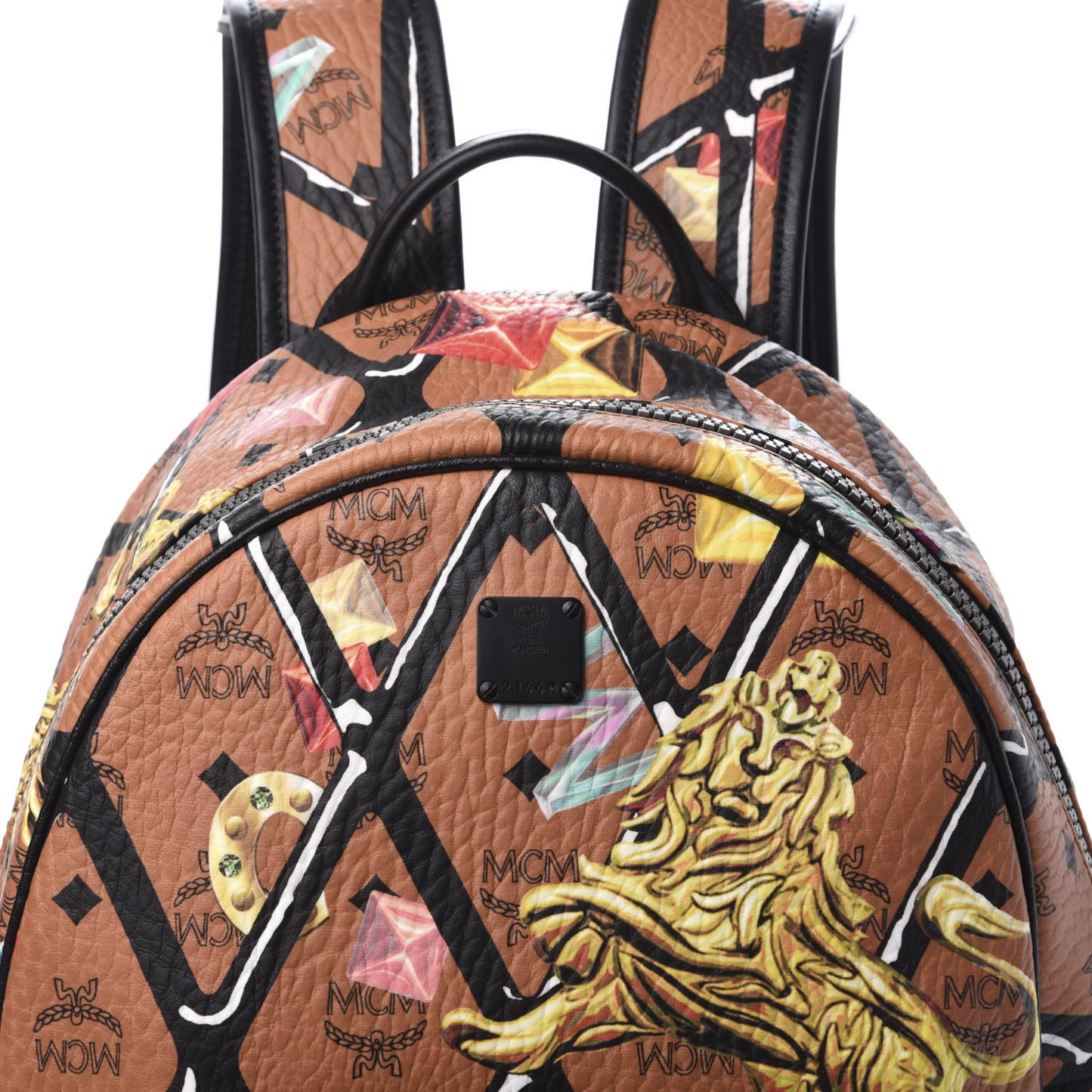 Visetos Calfskin Motif Rombi Lion Printed Medium Backpack Cognac
