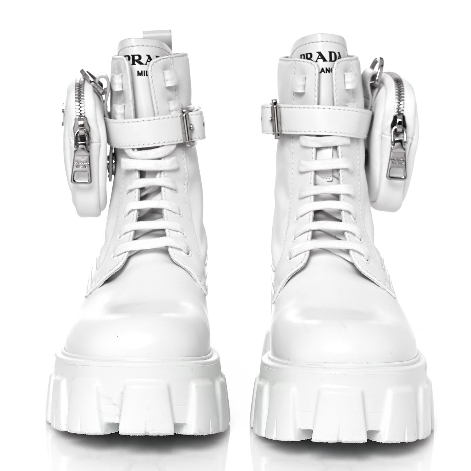 Prada Spazzolato Rois Re-Nylon Metal Triangle Logo Monolith Pouch Pocket 55mm Boots 37.5 White 2 of 9