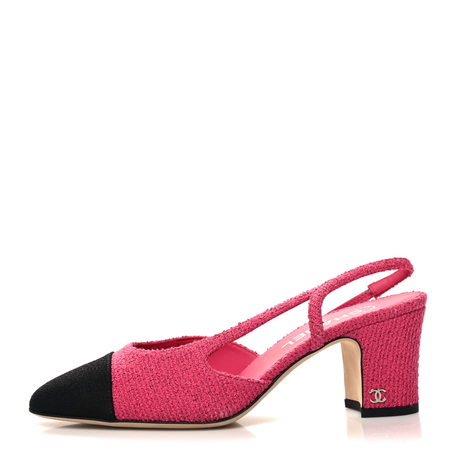 Chanel Tweed Grosgrain Cap Toe CC Slingback Pumps 38.5 Pink Black 1 of 8