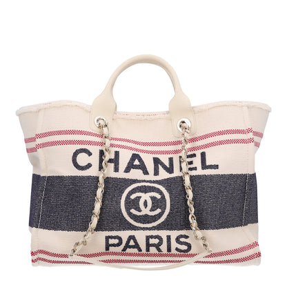 Chanel Striped Canvas Medium Deauville Tote Ecru Red Blue 1 of 10