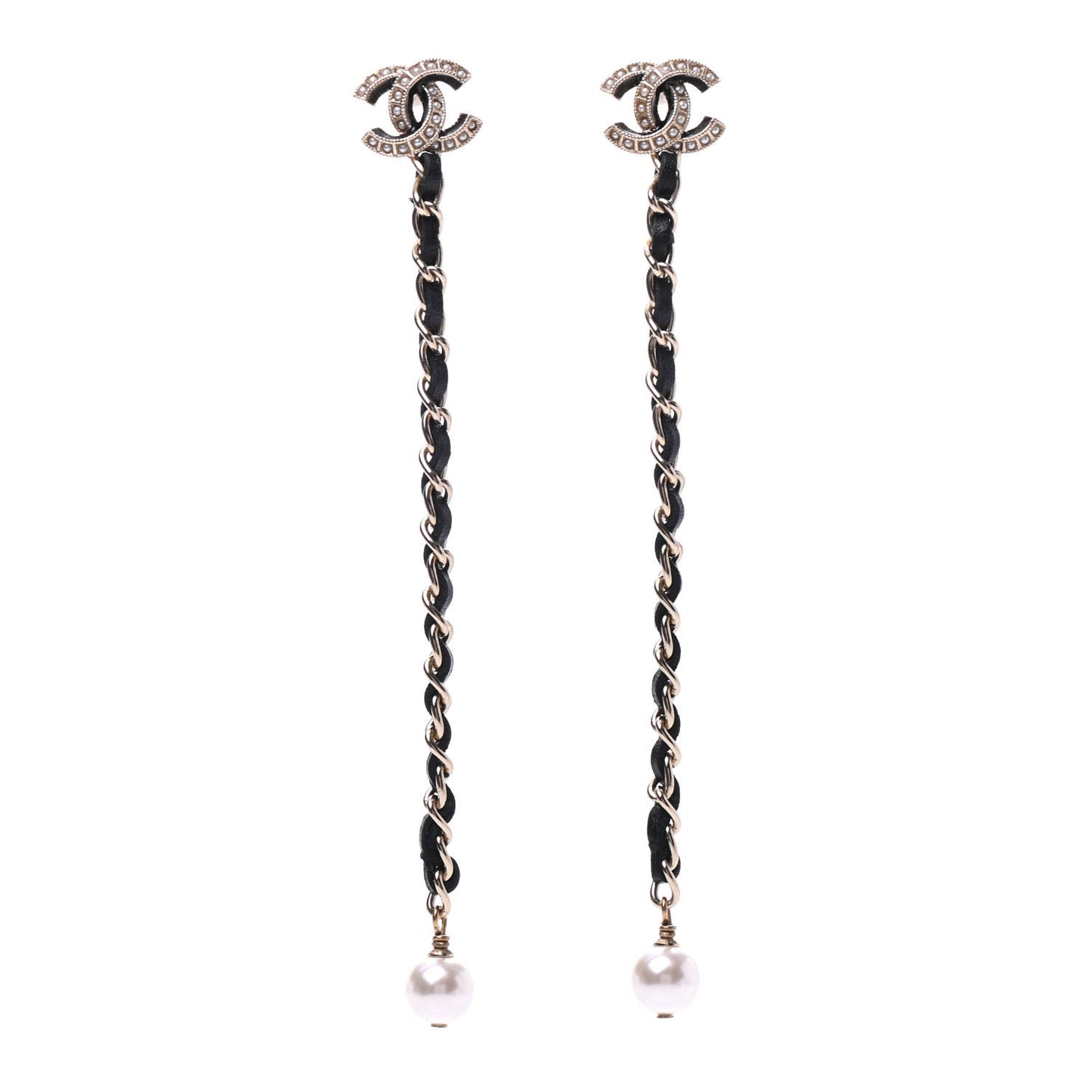 Pearl Calfskin Chain Long Earrings Gold Black