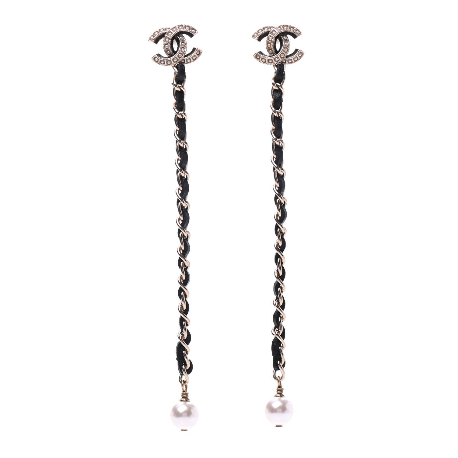 Chanel Pearl Calfskin Chain Long Earrings Gold Black 1 of 5