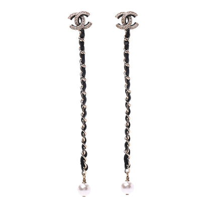 Chanel Pearl Calfskin Chain Long Earrings Gold Black 1 of 5