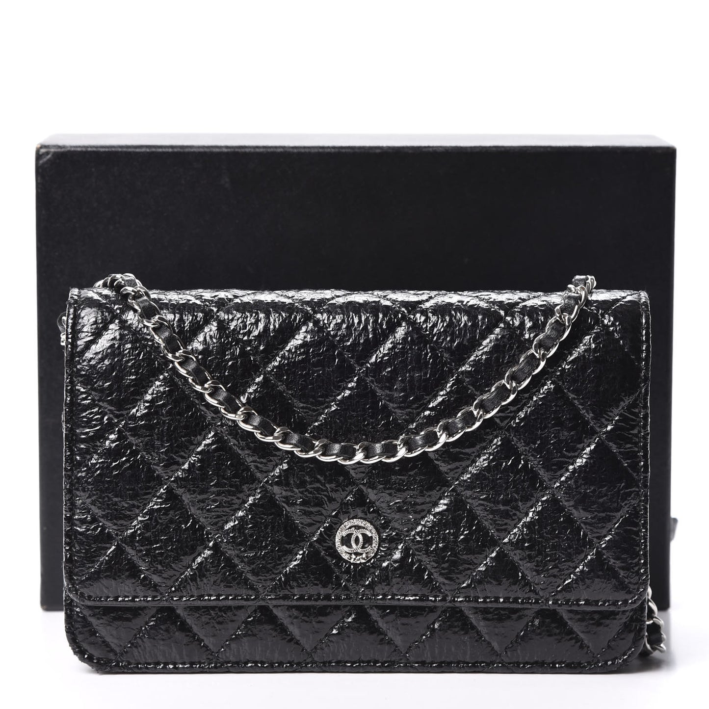 Distressed Patent Calfskin Quilted Wallet on Chain WOC Black