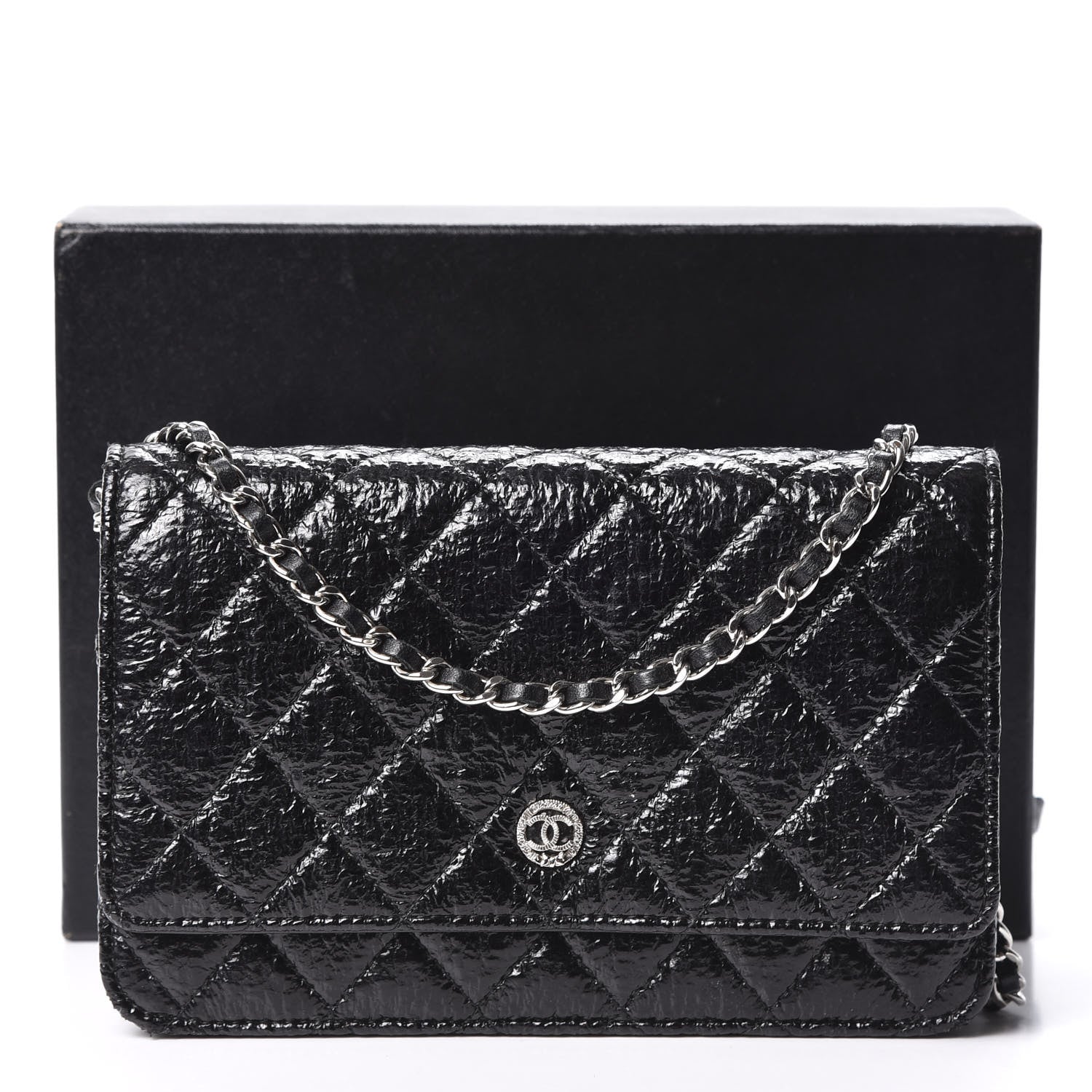 Chanel Distressed Patent Calfskin Quilted Wallet on Chain WOC Black 11 of 11
