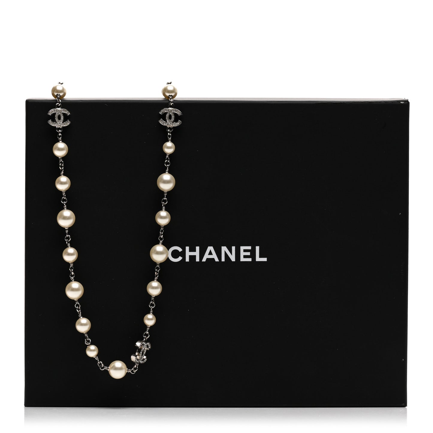 Graduated Pearl Crystal CC Long Necklace Silver