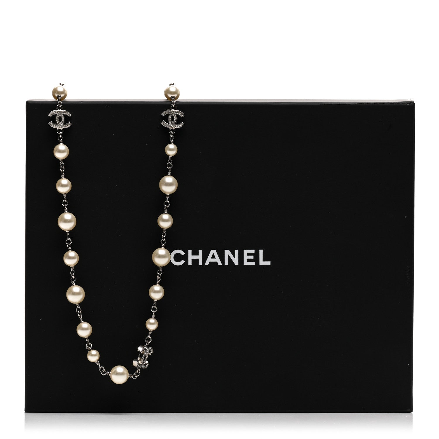 Chanel Graduated Pearl Crystal CC Long Necklace Silver 6 of 6