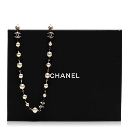 Chanel Graduated Pearl Crystal CC Long Necklace Silver 6 of 6