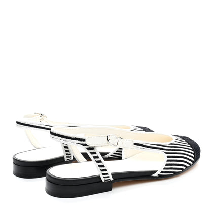 Chanel Fabric Grosgrain Cap Toe CC Slingback Flats 37.5 White Black 4 of 11