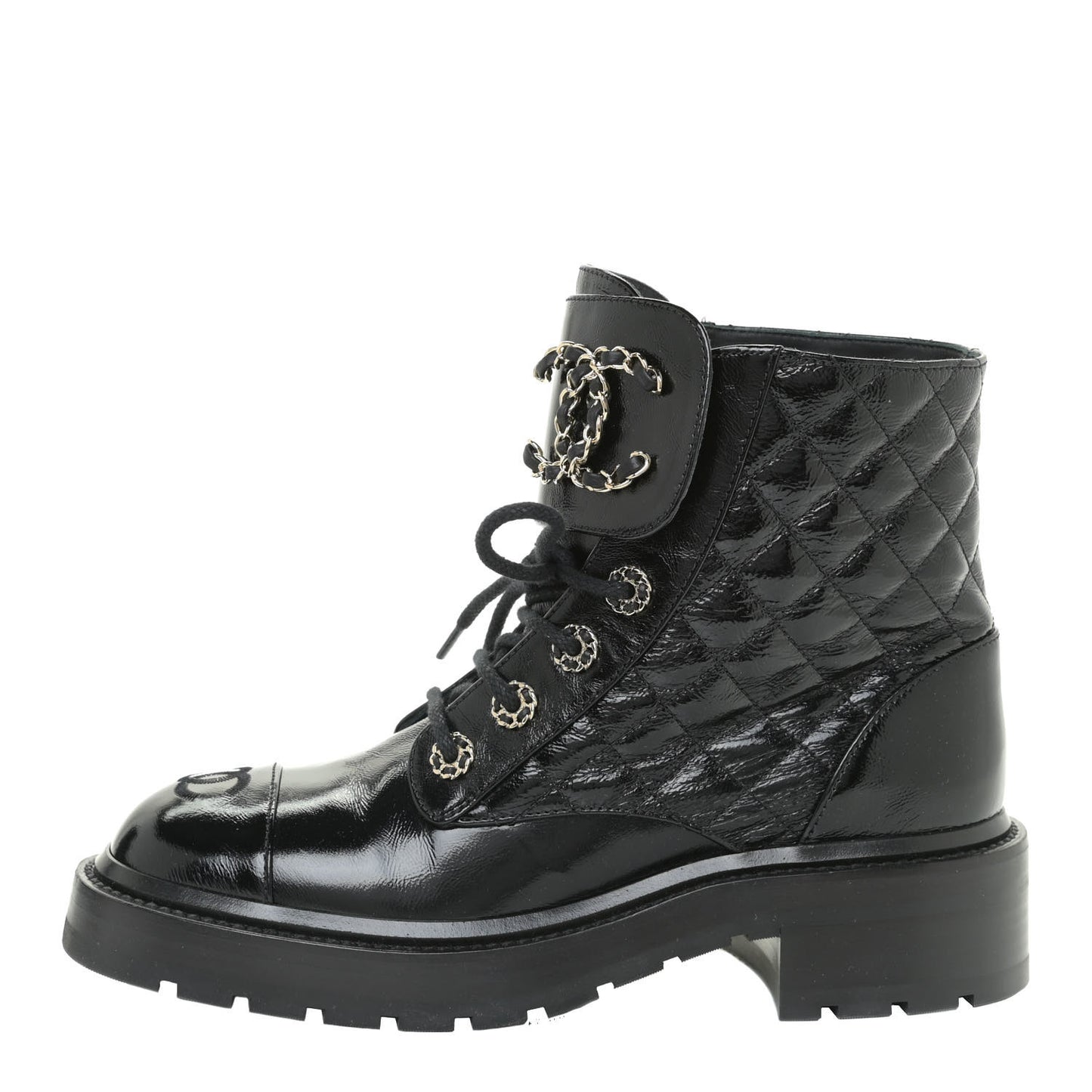 Shiny Calfskin Quilted Lace Up Combat Boots 37 Black