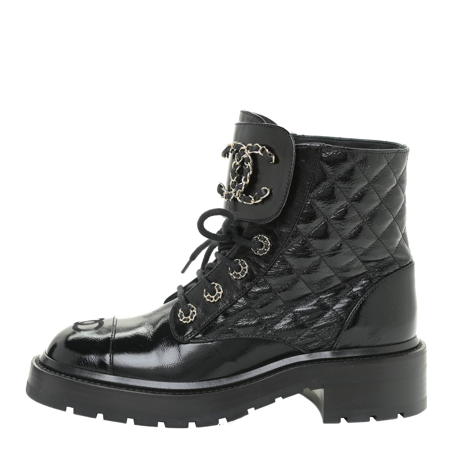 Chanel Shiny Calfskin Quilted Lace Up Combat Boots 37 Black 1 of 12