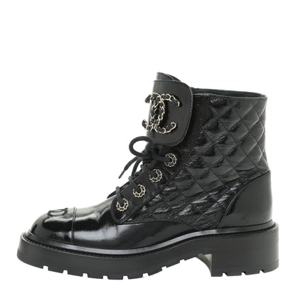 Chanel Shiny Calfskin Quilted Lace Up Combat Boots 37 Black 1 of 12
