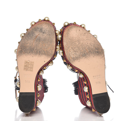 Gucci Raffia Calfskin Pearl Embellished Barbette Espadrille Platform Wedge Sandals 36.5 Midnight Blue Red 7 of 12