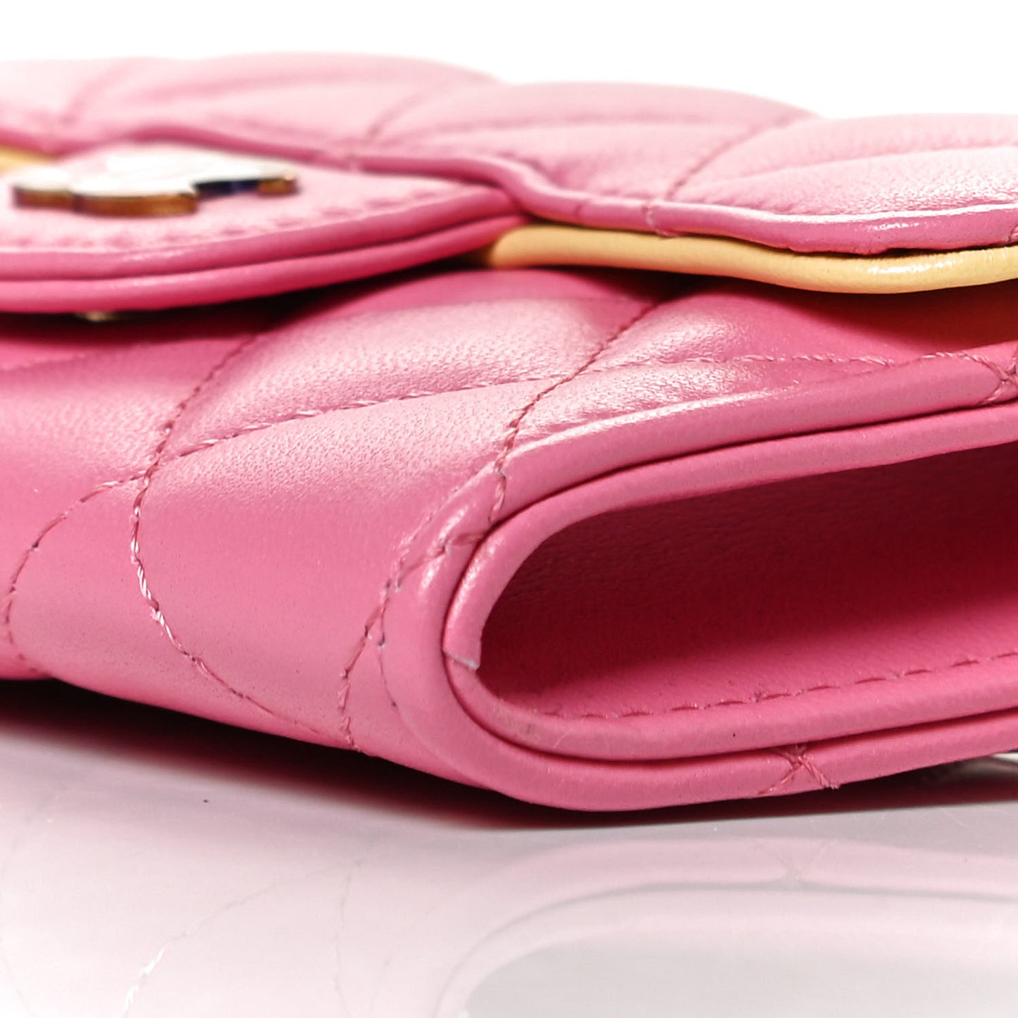 Lambskin Quilted Flap Card Holder Wallet Pink Yellow