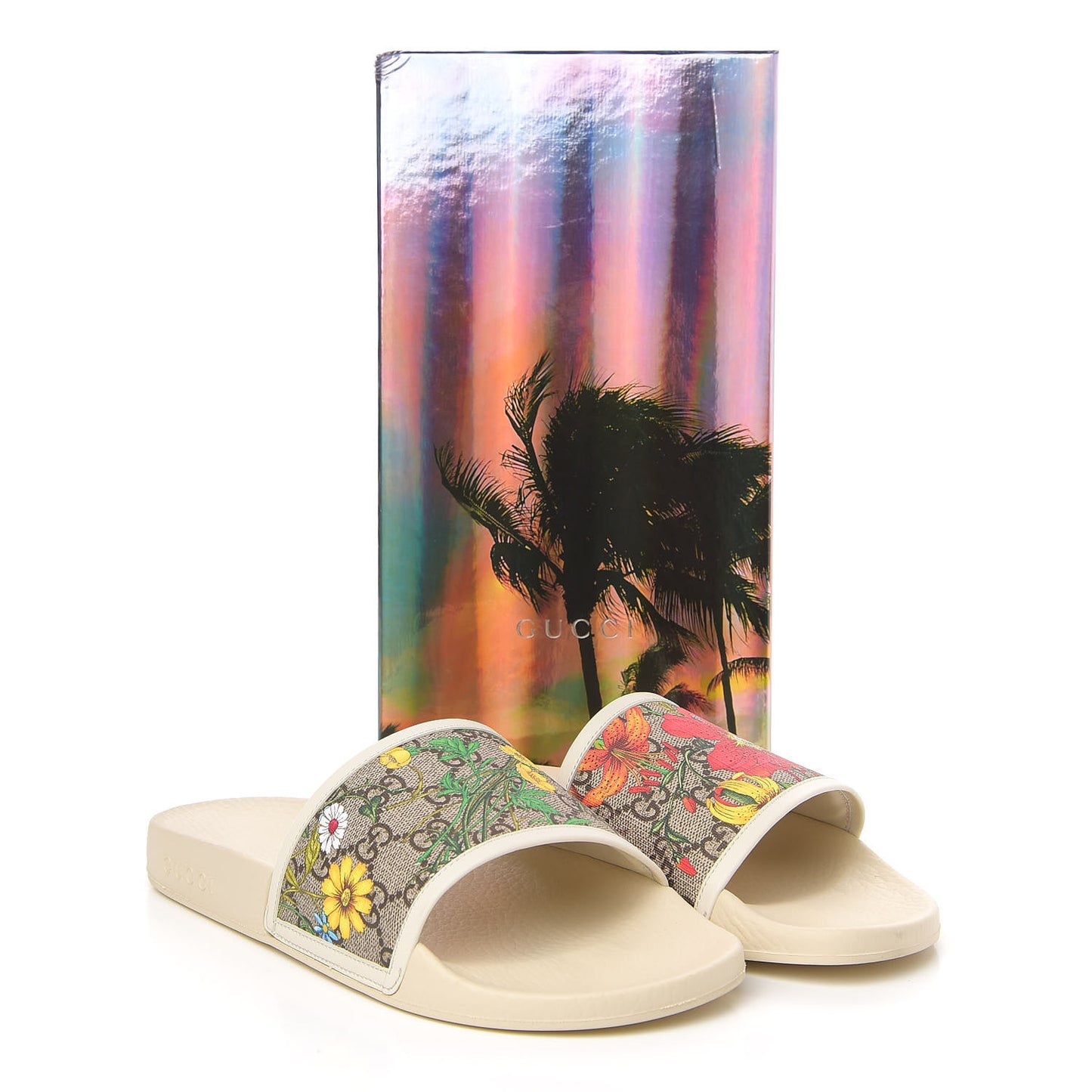 GG Supreme Monogram Flora Pursuit Slide Sandals 40 White