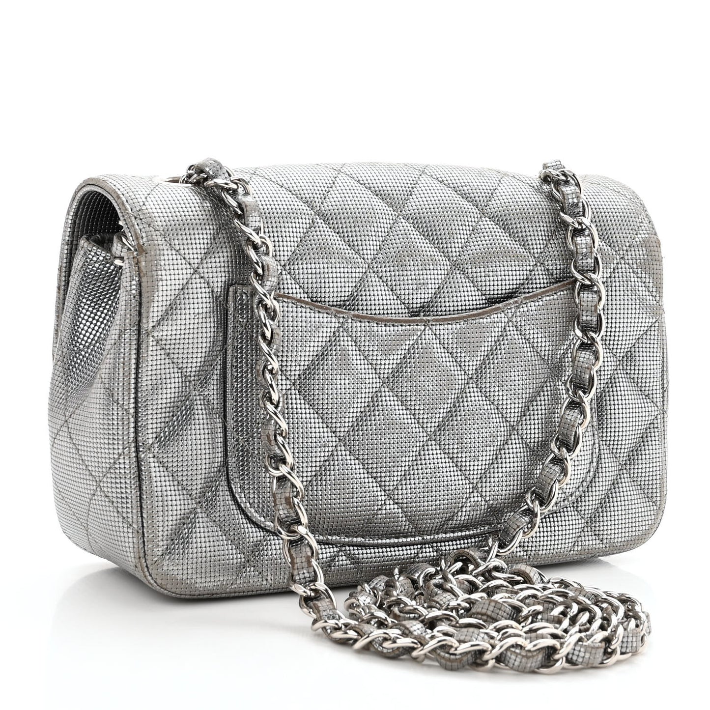 Metallic Calfskin Quilted Pixel Effect Mini Rectangular Flap Dark Silver