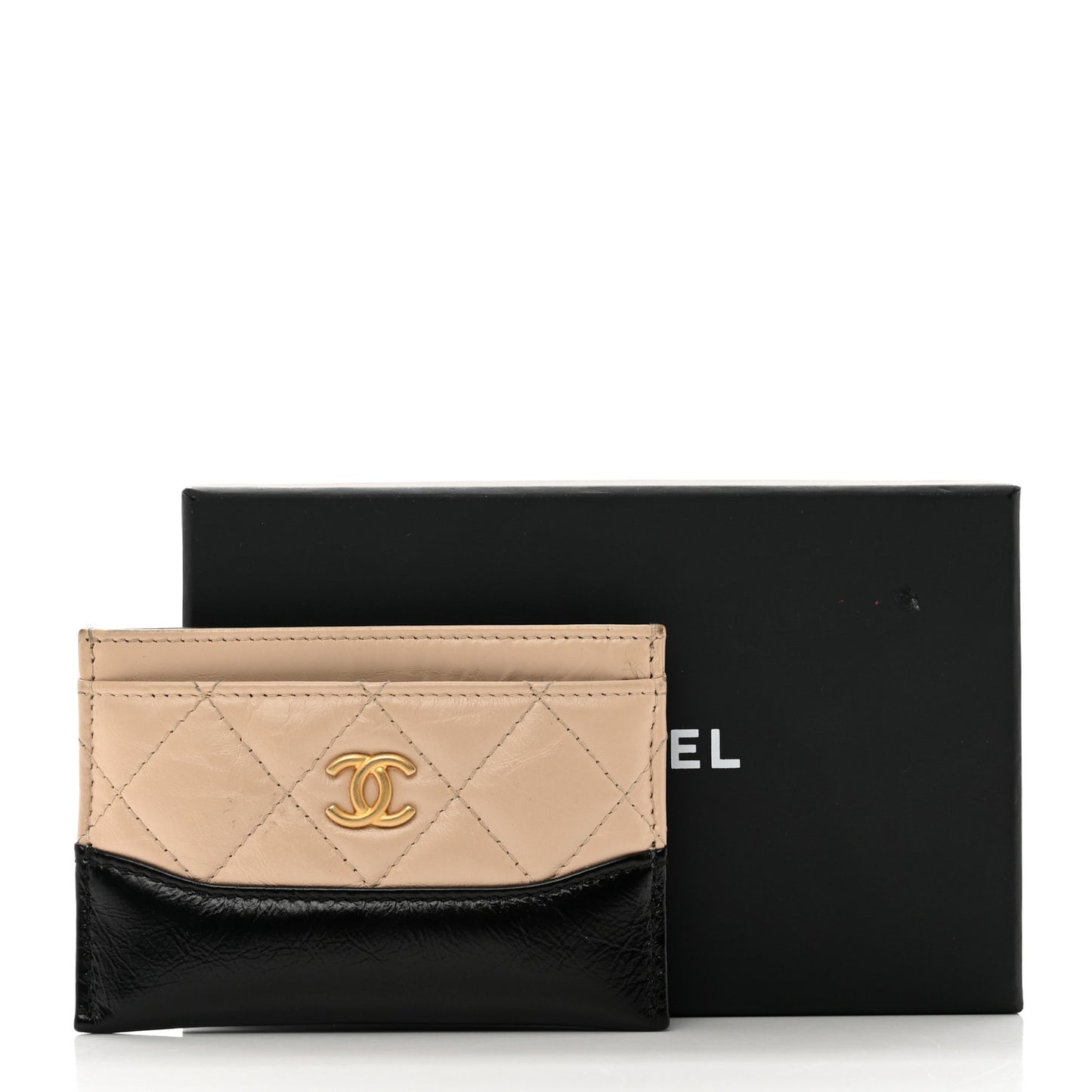 Aged Calfskin Quilted Gabrielle Card Holder Wallet Beige Black