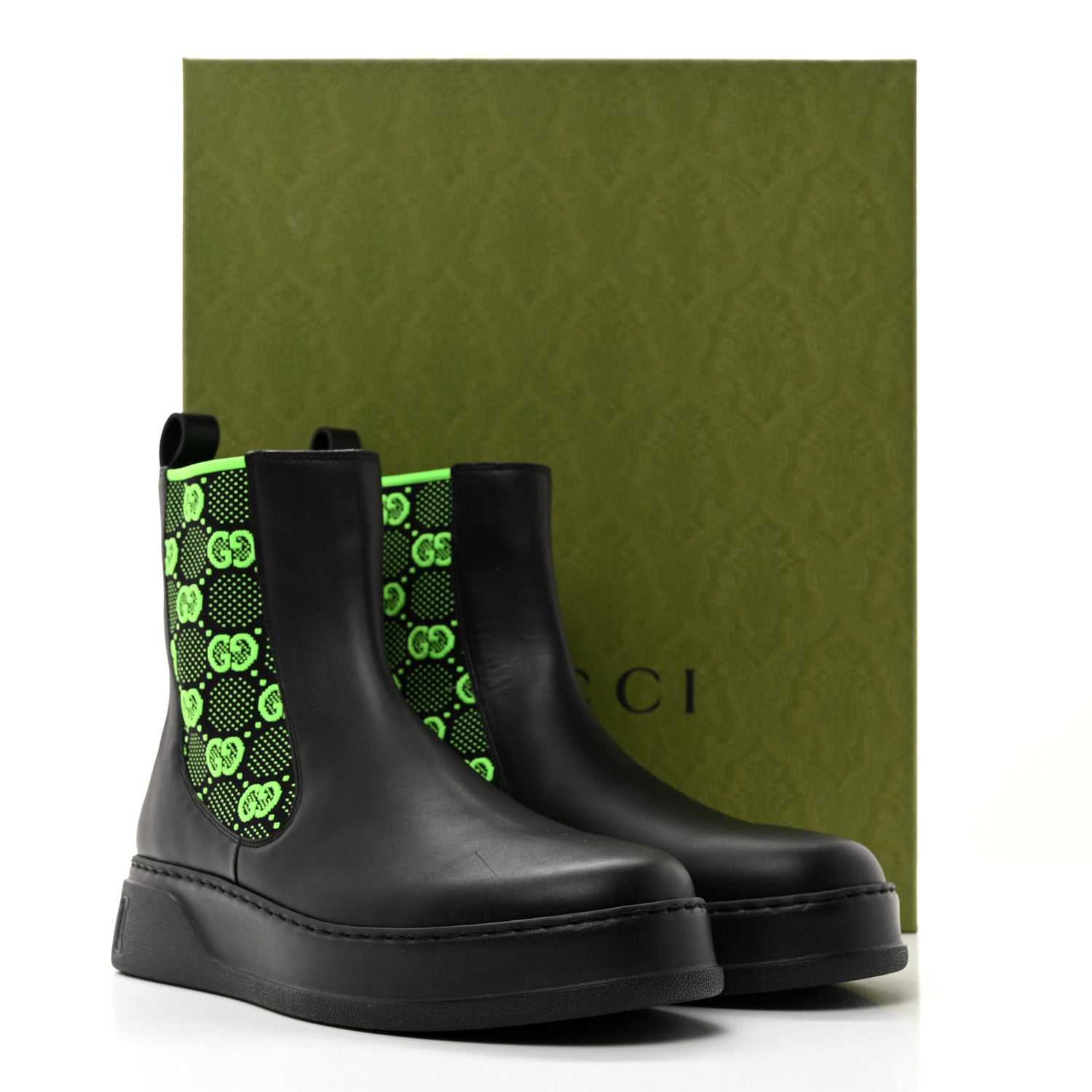 Gucci Dali Soft Calfskin Technical Jersey Knit GG Monogram Mens Ankle Boots 11 Black Neon Green 3 of 9
