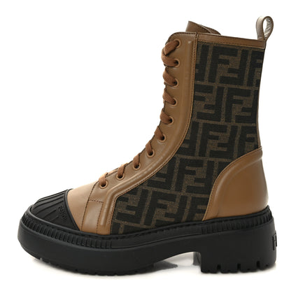 Fendi Fabric Jacquard Vitello FF Domino 50mm Biker Boots 38 Tobacco Black Sand 1 of 9